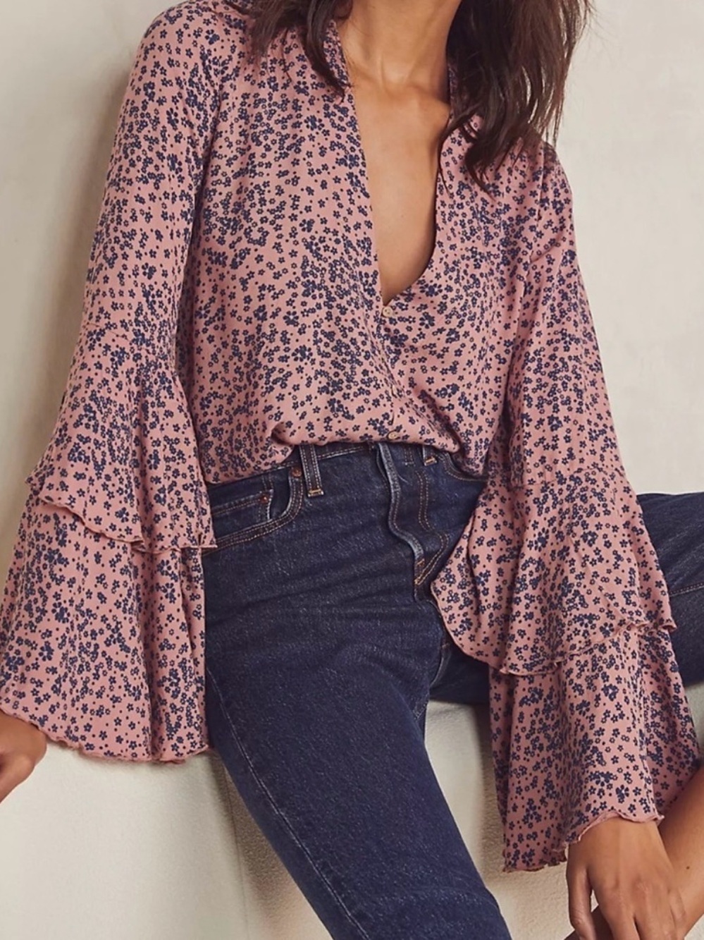 Free People floral print v-neck bodysuit with layered bell sleeves Women’s Small